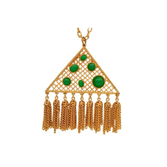 Cabochon Chain Tassel Necklace Pendant Green Gold Tone Dangle Vintage BinR - Picture 1 of 12